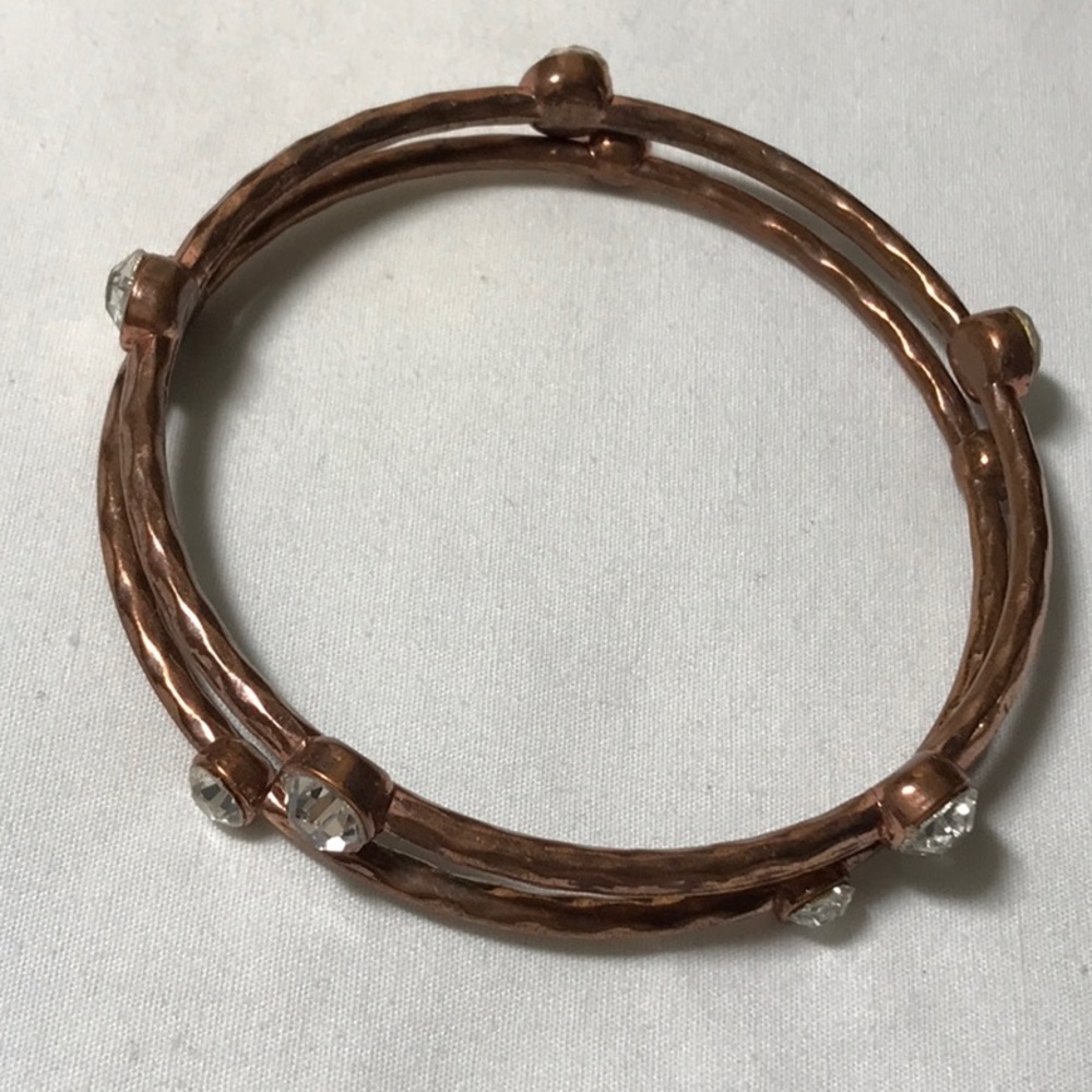 Copper Tone Bangle Bracelets, Clear Rhinestones - image 4